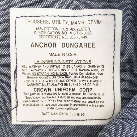NWT VTG Vintage Crown Uniform Anchor Dungaree Denim Navy Pants Jeans Bell Bottom - Picture 8 of 10